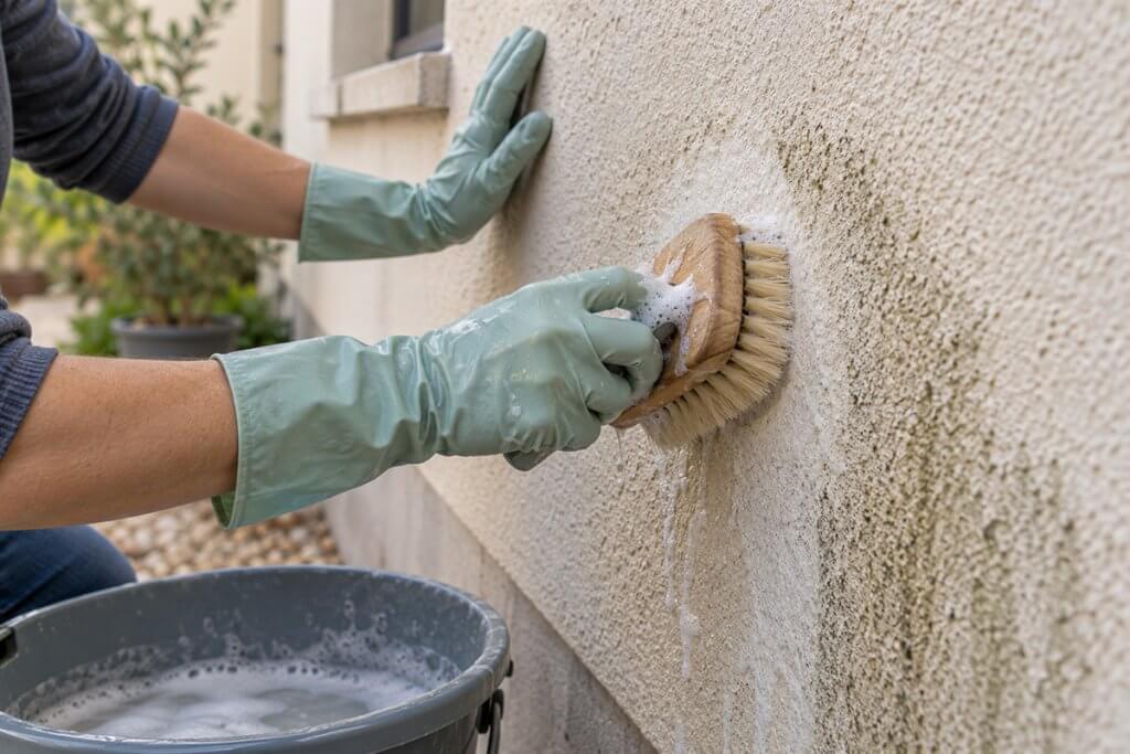 Brosser les murs extérieurs de sa maison pour enlever salissures et saletés