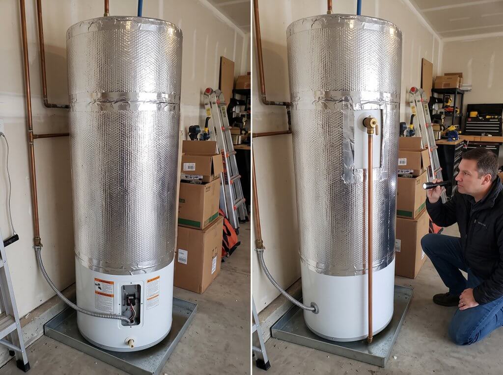 Calorifugeage des tuyaux d'eau chaude en cuivre avec manchons en mousse et ruban adhésif aluminium à la sortie d'un cumulus